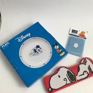 Disney Vintage bundle Mickey Mouse plate mirror and Snoopy pencil case